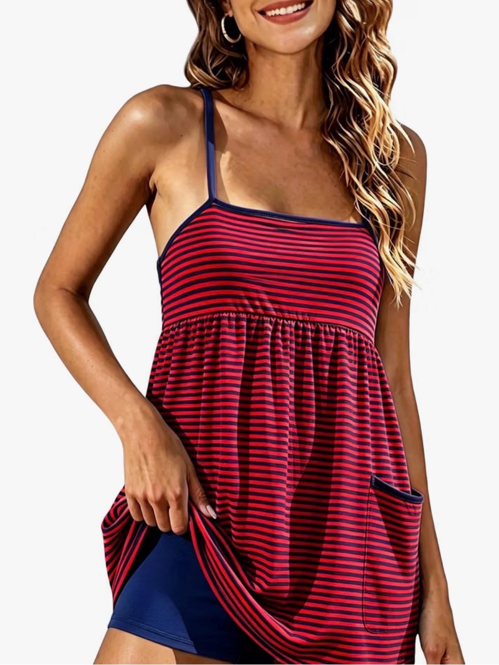 Amazon Red and Navy Striped Spaghetti-Strap Athletic Dress